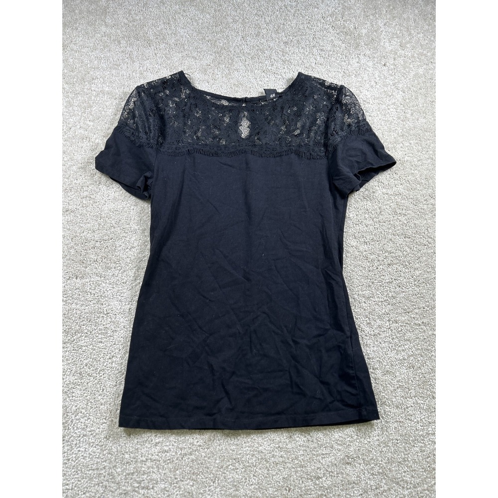 H&M Shirt Womens Small Black Lace Short Sleeve Top Elegant Dressy Blouse Fitted